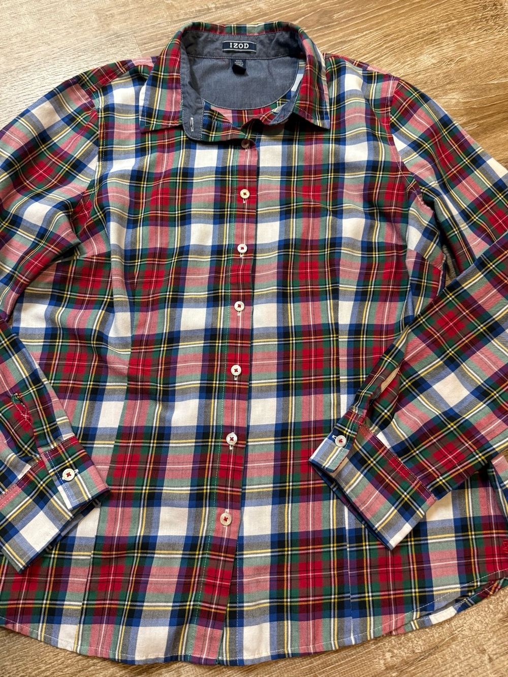 Izod Red, Blue & White Plaid Button-Up Shirt with Green Accents